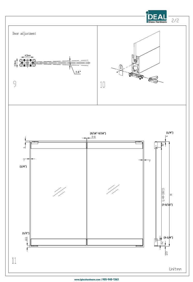IDR100PSS Polish Stainless Bottom Hydraulic Glass Door Rail 4"- 35-3/4 (Self Closing)