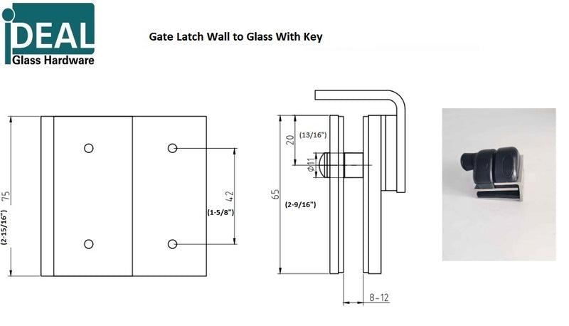 ISSPFGLWSKBL Black Wall to Glass Latch Lock With Key SS316
