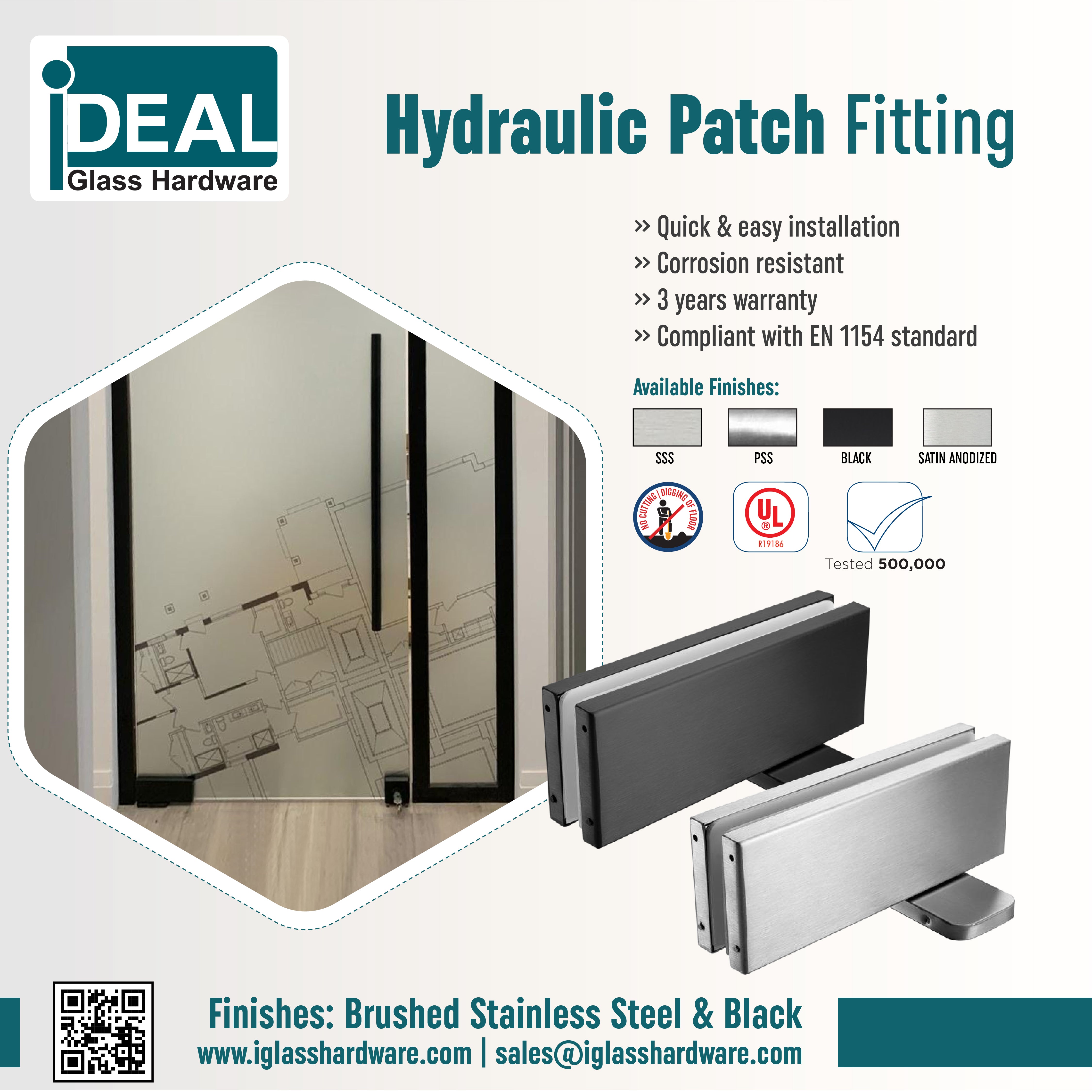 Hydraulic Patch Fitting- Self Closing Glass Door Patch