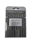 Set of V-Groove Tile Drill Bits in a metal case on a gray background