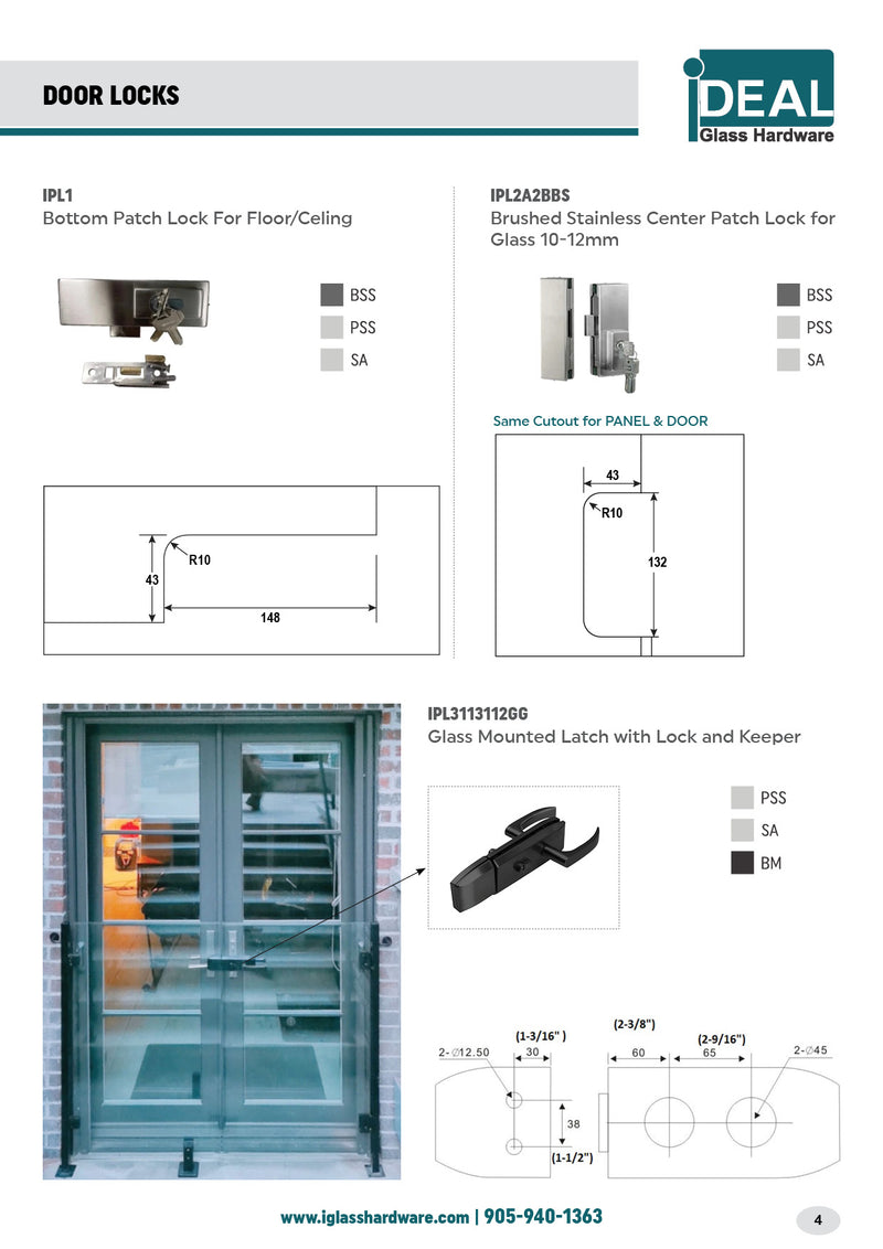 IPL1A1BBS/BL 适用于 10-12 毫米玻璃门的理想中心贴片锁