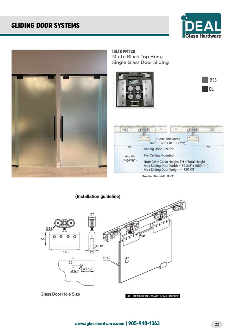ISLTOPM120SA Satin Anodized Top Hung Single Glass Door Sliding For 3/8"-1/2" glass