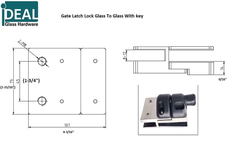 ISSPFGL180MGKBL Black 180-Degree Regular Latch Glass to Glass With Key SS316