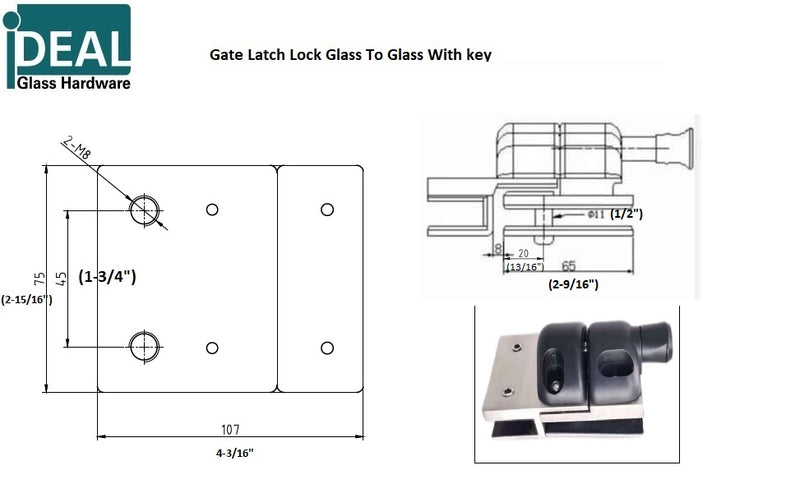 ISSPFGL180MGKBS 拉丝不锈钢 180 度常规闩锁玻璃对玻璃带钥匙 SS316