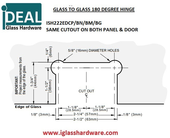 ISH222EDBM/CP/BN/BG/PN Black Glass to Glass 180 Degree Hinge